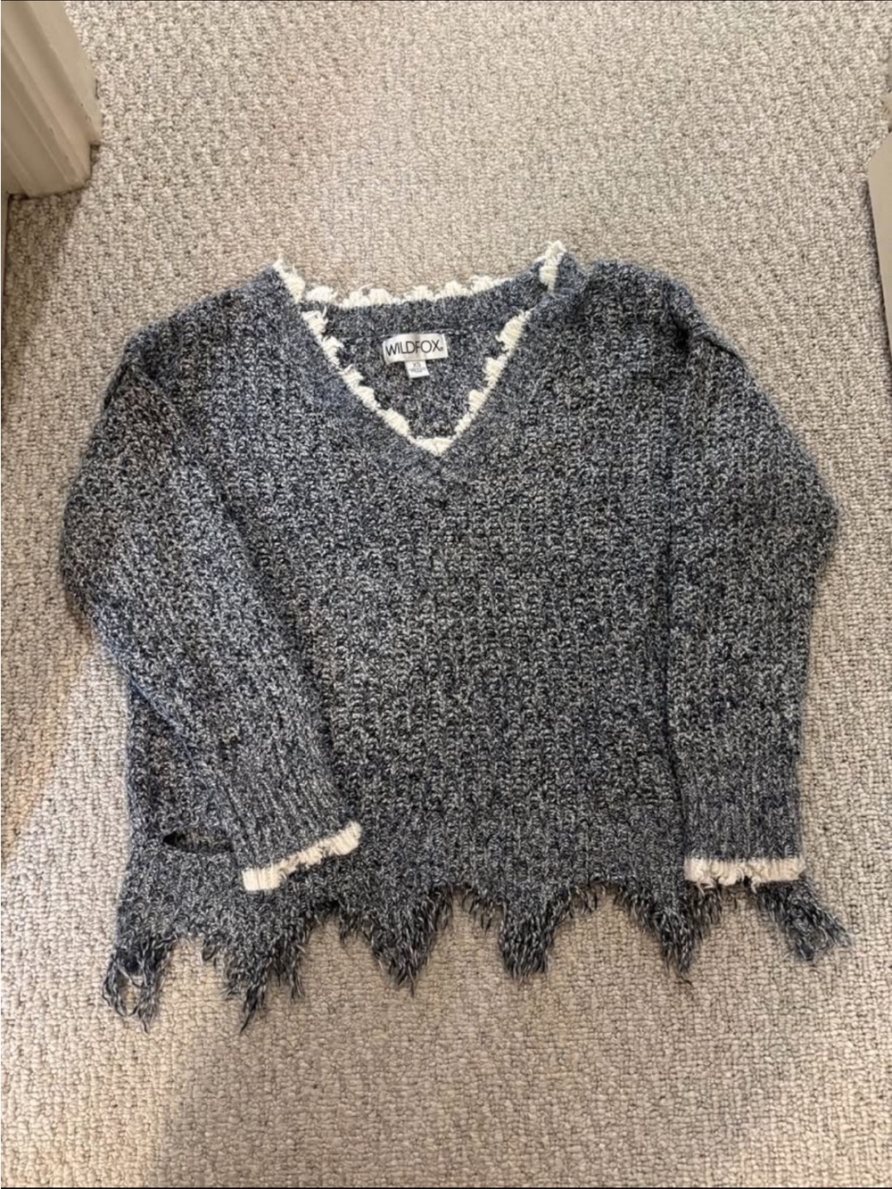 Wildfox Gray & Ivory V-Neck Fuzzy Trim Sweater